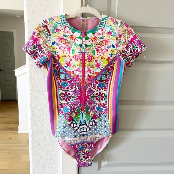 New Johnny Was Floral Striped Locita Surf Scuba One Piece Swimsuit - Picture 3 of 5